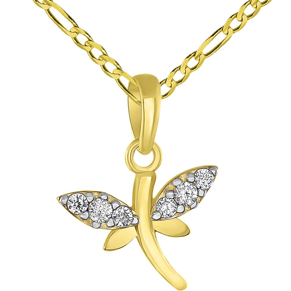 Solid 14K Yellow Gold Dainty Cubic Zirconia Studded Dragonfly Charm Pendant with Figaro Chain Necklace