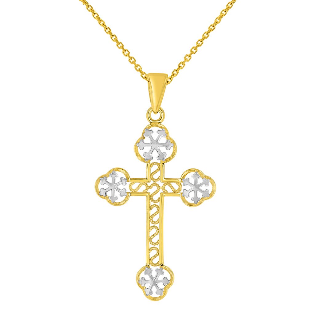 14K Yellow Gold Eastern Orthodox Cross Charm Pendant with Cable, Curb, or Figaro Chain Necklace