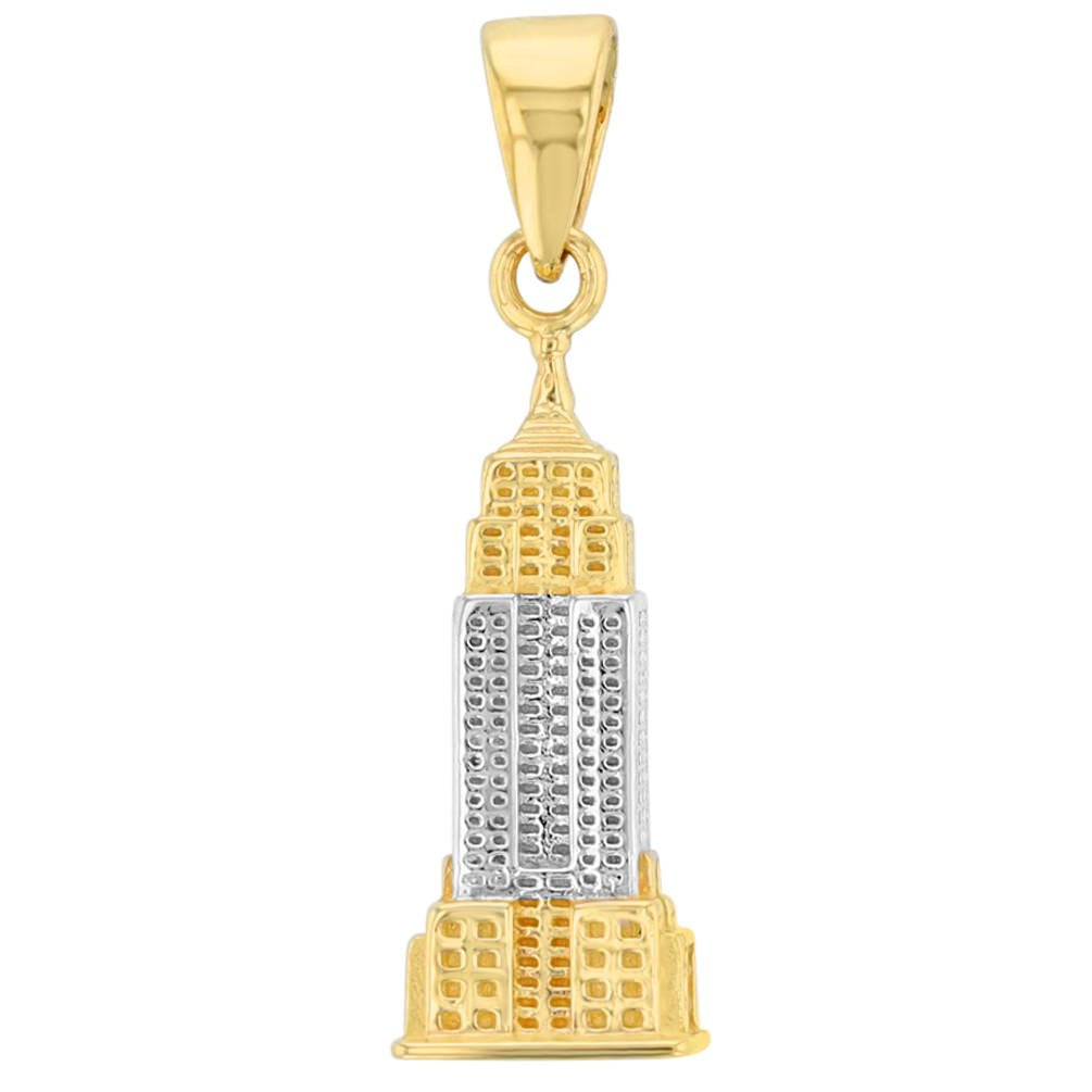 Solid 14K Yellow Gold Empire State Building Pendant with Cable, Curb, or Figaro Chain Necklaces