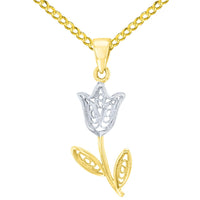 Load image into Gallery viewer, 14K Yellow Gold Filigree Tulip Flower Pendant With Cable, Curb or Figaro Chain Necklace
