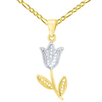 Load image into Gallery viewer, 14K Yellow Gold Filigree Tulip Flower Pendant With Cable, Curb or Figaro Chain Necklace
