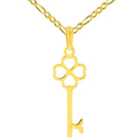 Load image into Gallery viewer, Solid 14K Yellow Gold Simple Four Leaf Clover Love Key Charm Good Luck Pendant with Figaro Chain Necklace
