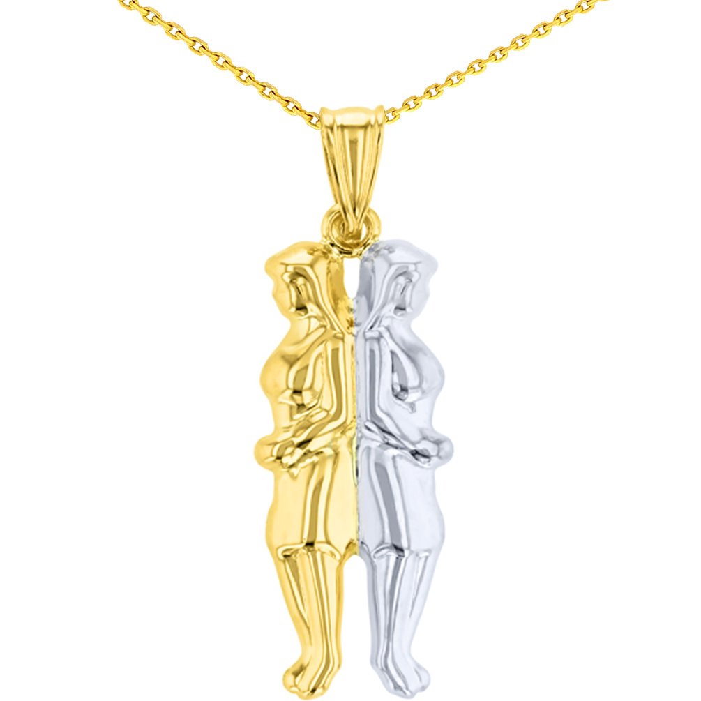 High Polish 14K Yellow Gold Gemini Pendant Zodiac Sign Charm with Cable, Curb, or Figaro Chain Necklaces