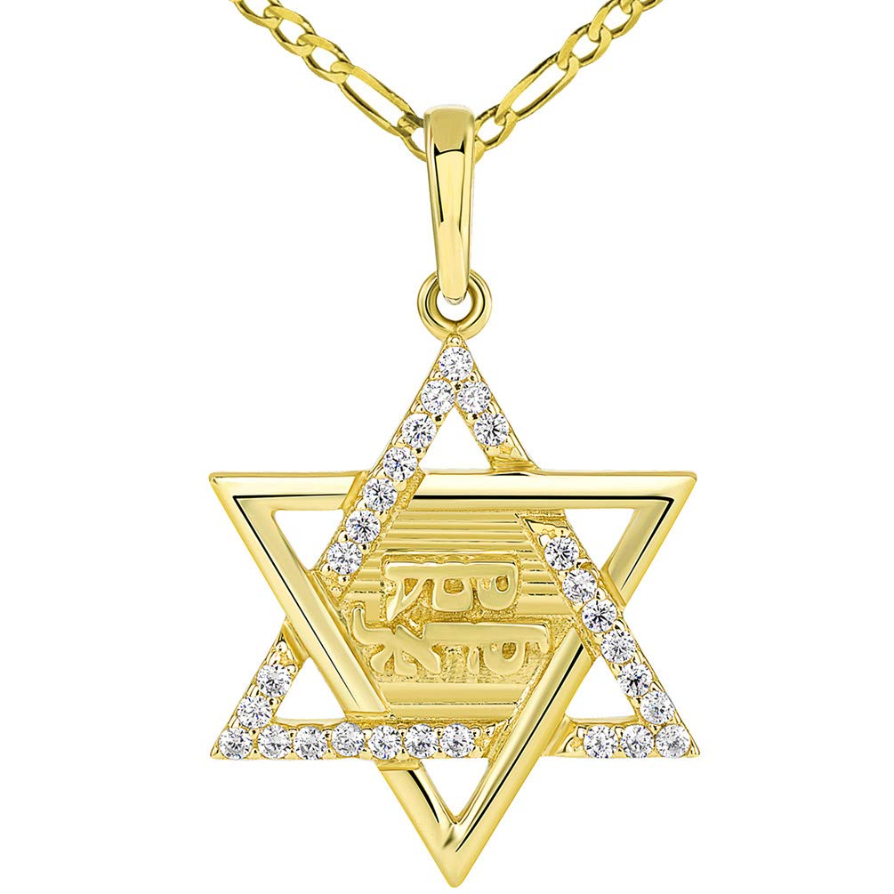 Solid 14K Yellow Gold Hebrew Shema Yisrael CZ Star of David Pendant with Figaro Chain Necklace