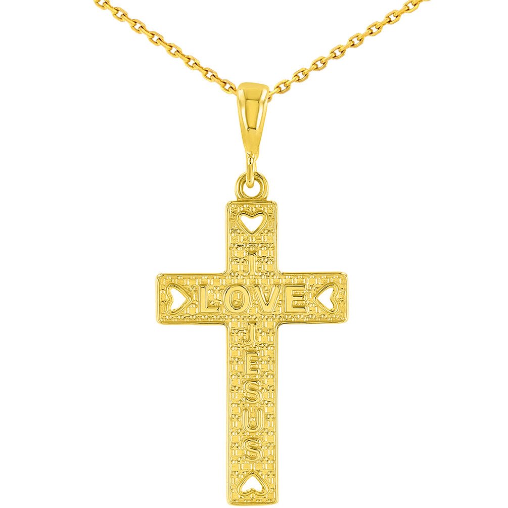 14K Yellow Gold I Love Jesus Cross Charm Pendant With Cable, Curb or Figaro Chain Necklace
