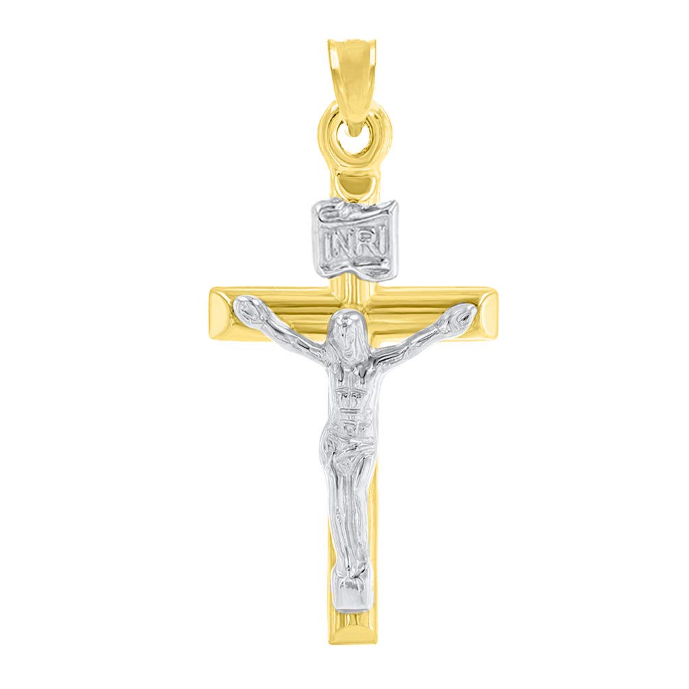14K Yellow Gold INRI Cross Two Tone Jesus Crucifix Pendant