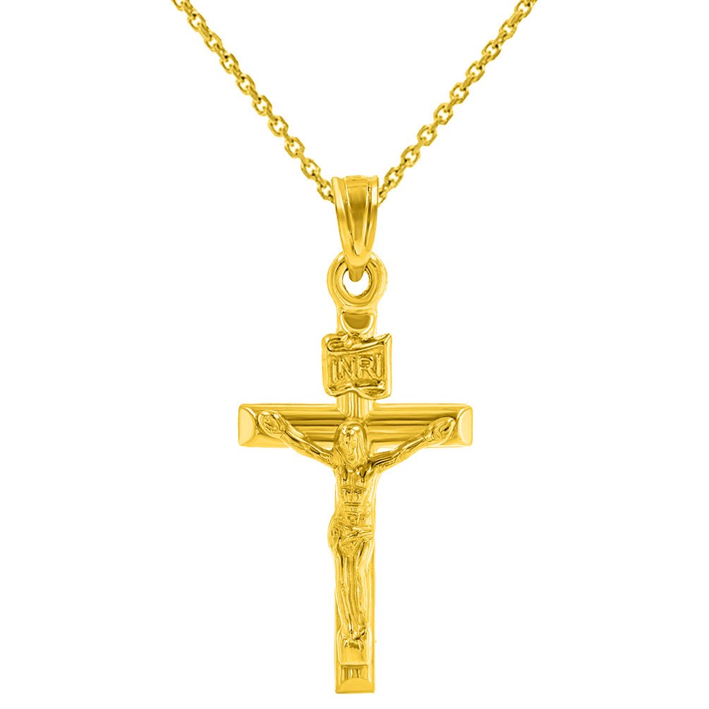 14K Yellow Gold INRI Cross with Jesus Crucifix Pendant Necklace
