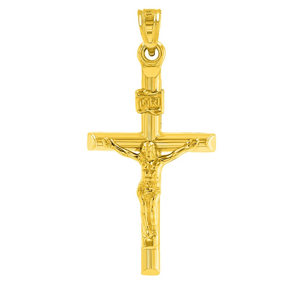 14K Yellow Gold INRI Cross with Jesus Crucifix Pendant