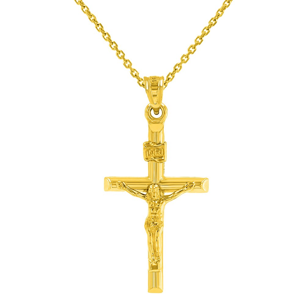 14K Yellow Gold INRI Cross with Jesus Crucifix Pendant Necklace