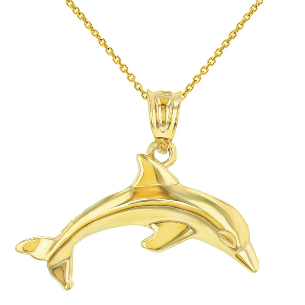 14K Yellow Gold Jumping Dolphin Animal Pendant Necklace with High Polish