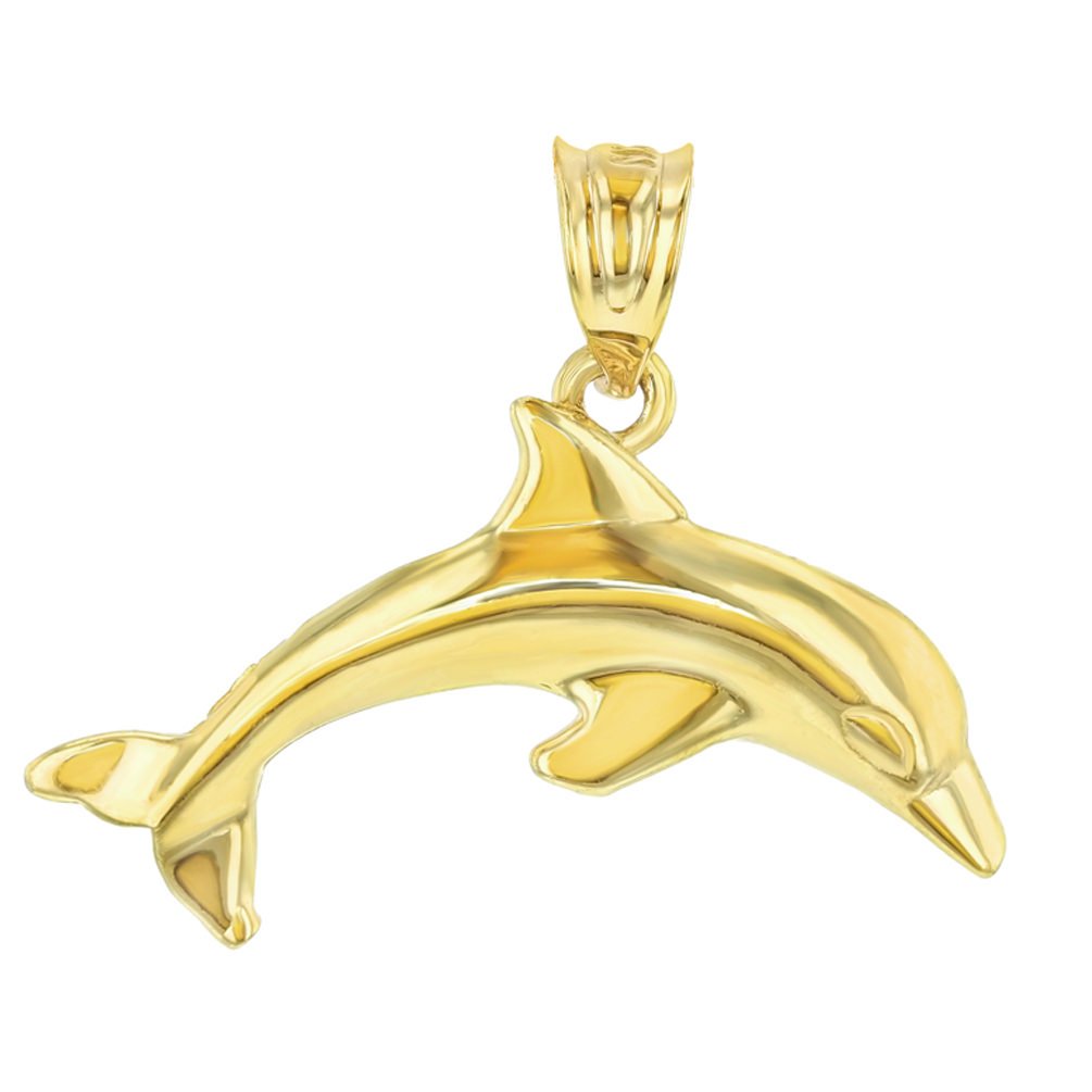 14K Yellow Gold Jumping Dolphin Animal Pendant with High Polish