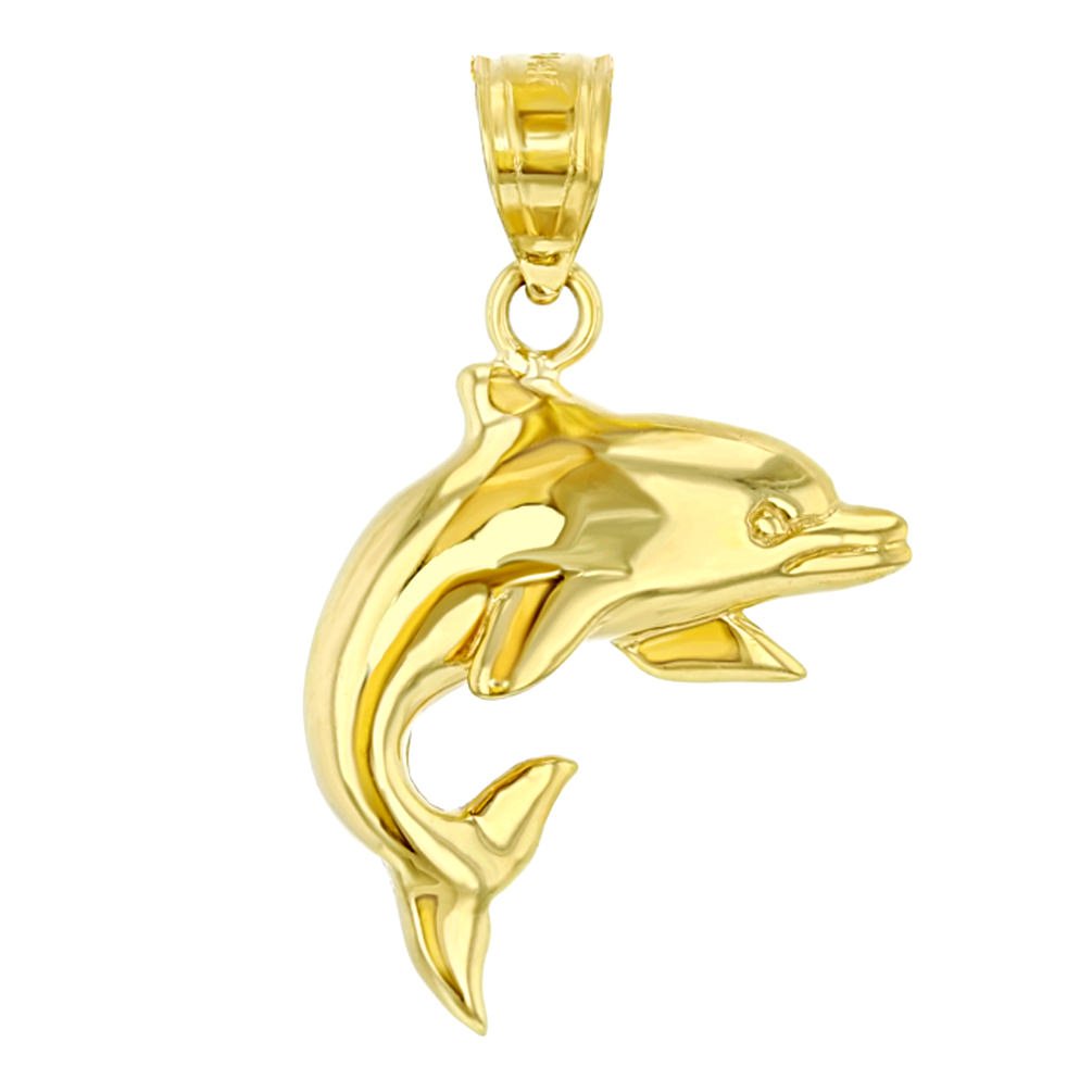 14K Yellow Gold Jumping Dolphin Animal Pendant with High Polish