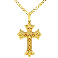 Load image into Gallery viewer, 14K Yellow Gold Milgrain Edged Elegant Trefoil Cross Pendant with Figaro Chain Necklace
