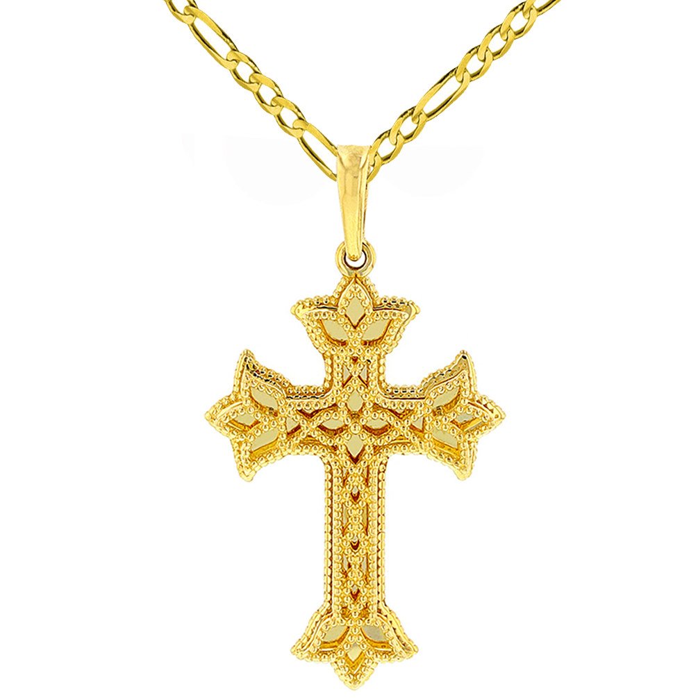 14K Yellow Gold Milgrain Edged Elegant Trefoil Cross Pendant with Figaro Chain Necklace