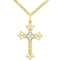 Load image into Gallery viewer, 14K Yellow Gold Milgrain Fleur de Lis Cross Charm Catholic Pendant Figaro Chain Necklace
