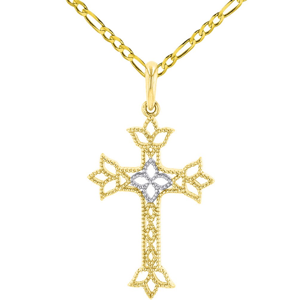 14K Yellow Gold Milgrain Fleur de Lis Cross Charm Catholic Pendant Figaro Chain Necklace