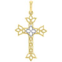 Load image into Gallery viewer, 14K Yellow Gold Milgrain Fleur de Lis Cross Charm Catholic Pendant Figaro Chain Necklace
