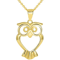 Load image into Gallery viewer, Solid 14K Yellow Gold Open Big Eyes Owl Animal Pendant with Cable, Cuban Curb, or Figaro Chain Necklaces

