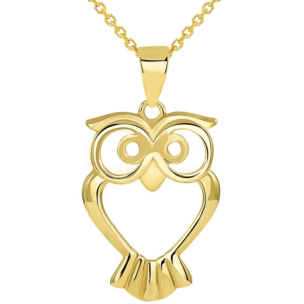 Solid 14K Yellow Gold Open Big Eyes Owl Animal Pendant with Cable, Cuban Curb, or Figaro Chain Necklaces