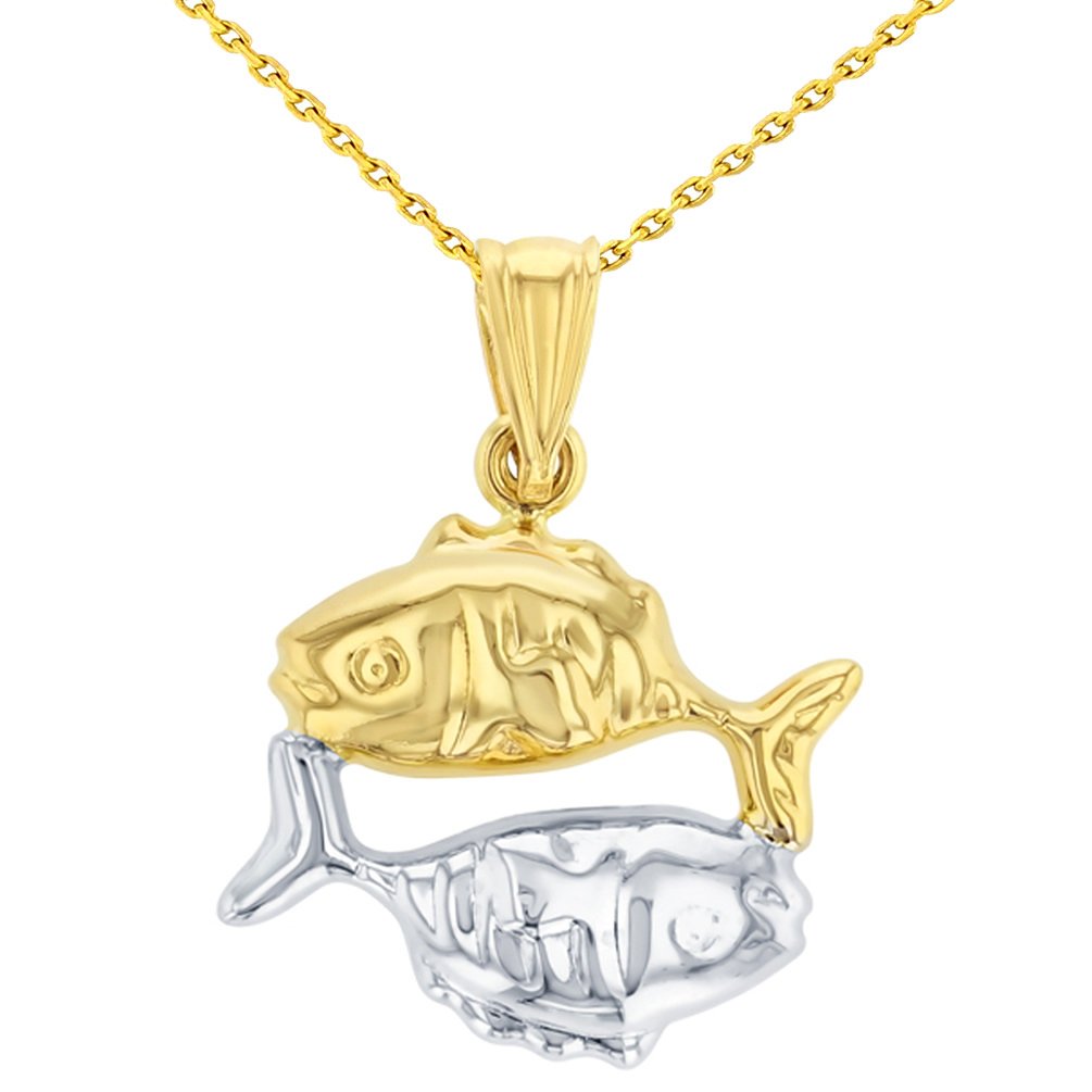 High Polish 14K Yellow Gold Pisces Zodiac Sign Charm Pendant with Cable, Cuban Curb, or Figaro Chain Necklaces