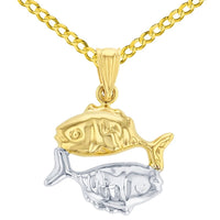 Load image into Gallery viewer, High Polish 14K Yellow Gold Pisces Zodiac Sign Charm Pendant with Cable, Cuban Curb, or Figaro Chain Necklaces
