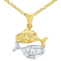 Load image into Gallery viewer, High Polish 14K Yellow Gold Pisces Zodiac Sign Charm Pendant with Cable, Cuban Curb, or Figaro Chain Necklaces
