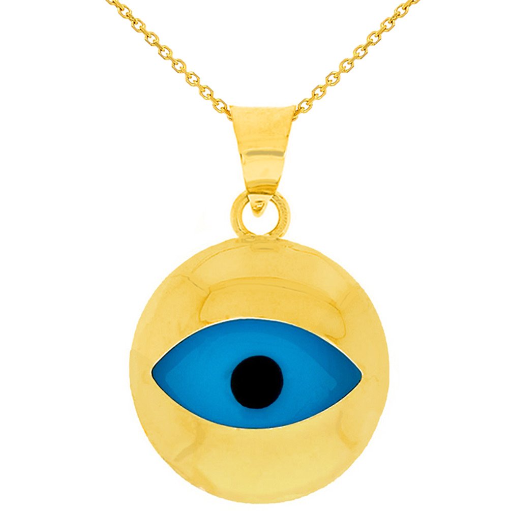 14K Yellow Gold Plain and Simple Blue Eye Evil Eye Pendant Necklace
