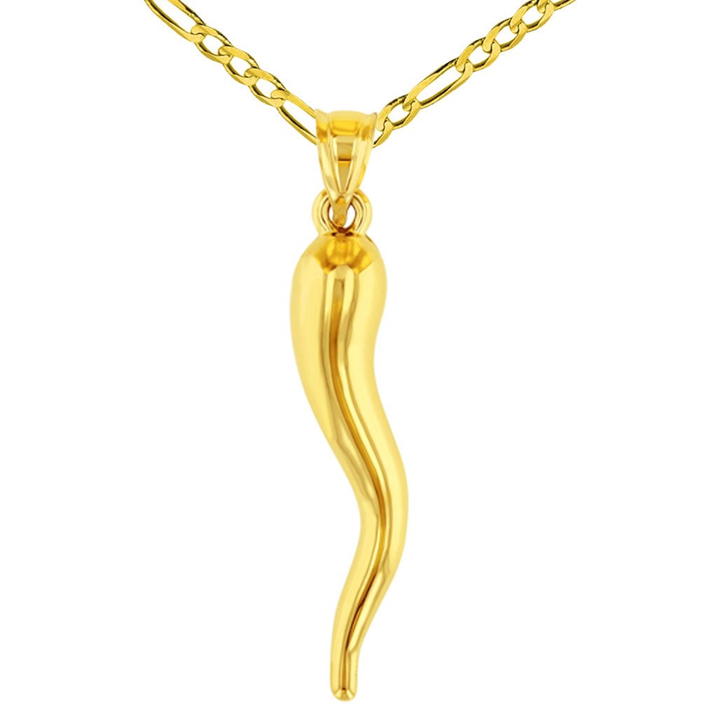 14K Yellow Gold Polished Cornicello Horn Pendant with Chain Necklace