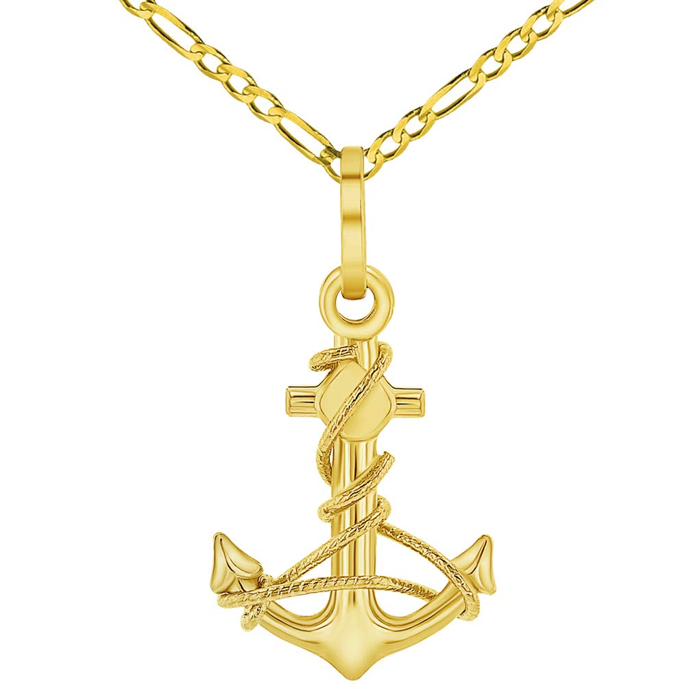 Solid 14K Yellow Gold Polished Navy Anchor with Rope Charm Pendant with Figaro Chain Necklace