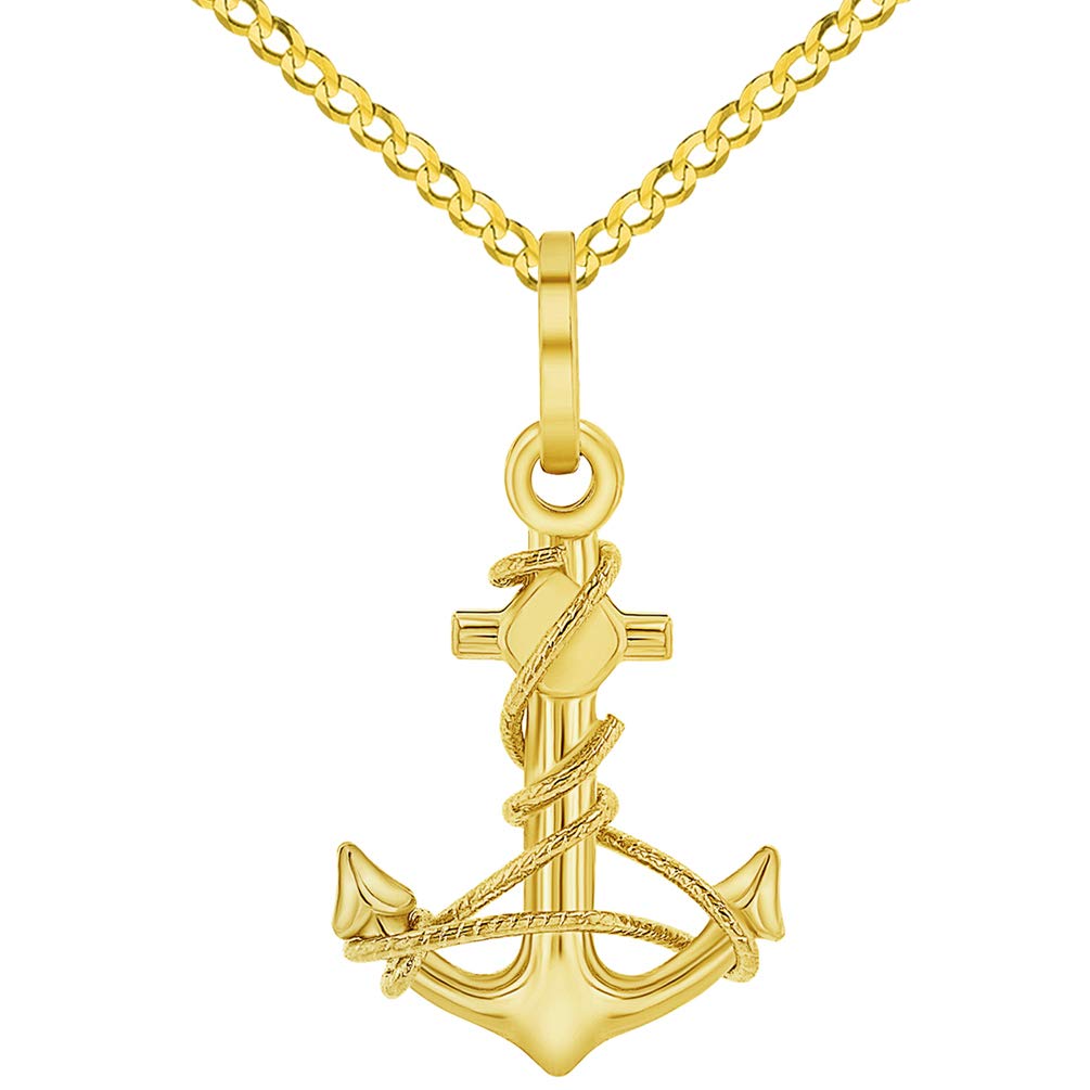 Solid 14K Yellow Gold Polished Navy Anchor with Rope Charm Pendant with Curb Chain Necklace