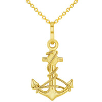 Load image into Gallery viewer, Solid 14K Yellow Gold Polished Navy Anchor with Rope Charm Pendant with Rolo Cable Chain Necklace
