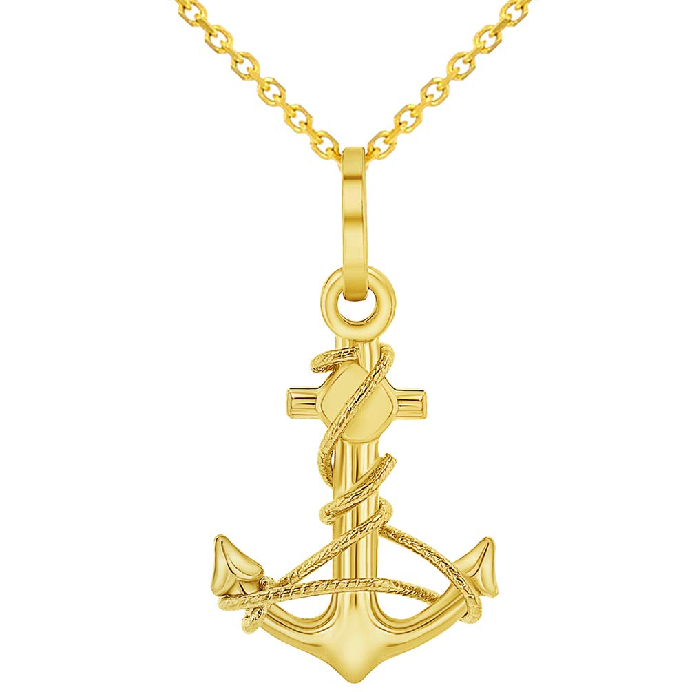 Solid 14K Yellow Gold Polished Navy Anchor with Rope Charm Pendant with Rolo Cable Chain Necklace