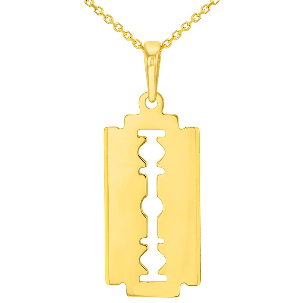 Solid 14K Yellow Gold Sharp Edged Razor Blade Pendant Necklace