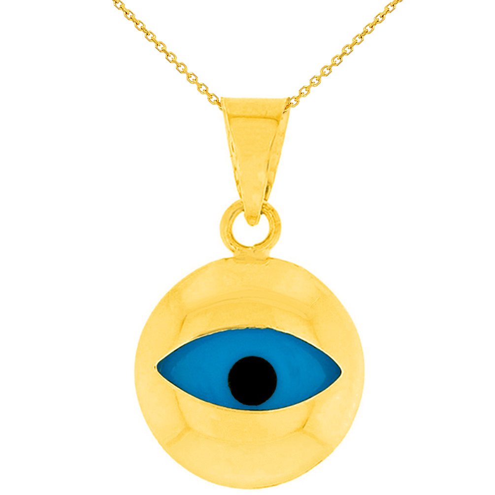 14K Yellow Gold Simple Blue Eye Evil Eye Charm Pendant Necklace (Medium)