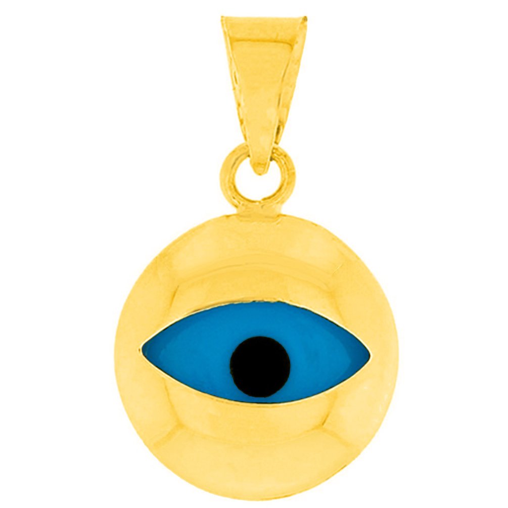 14K Yellow Gold Simple Blue Eye Evil Eye Charm Pendant (Medium)