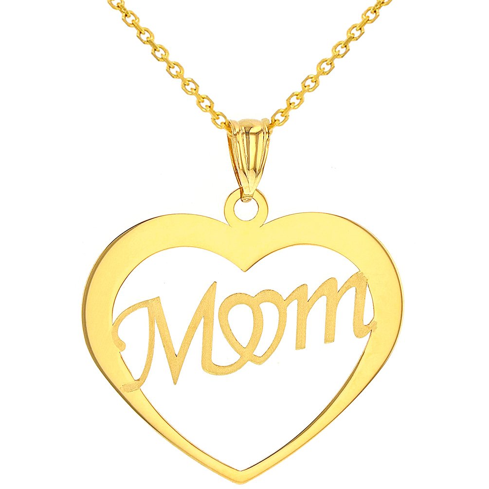 Solid 14K Yellow Gold Simple Heart with Mom Pendant with Cable, Curb, or Figaro Chain Necklaces