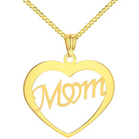 Load image into Gallery viewer, Solid 14K Yellow Gold Open Heart with Mom Pendant with Cable, Cuban, or Figaro Chain Necklaces
