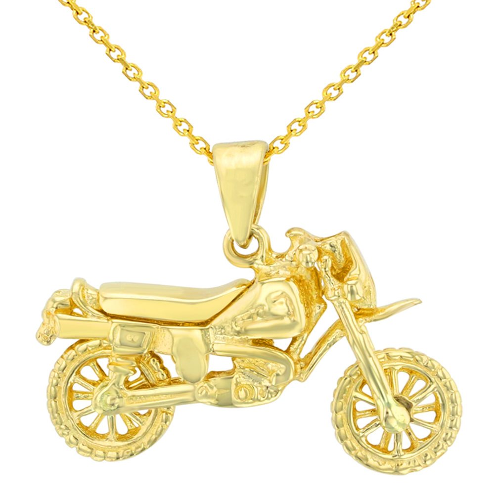 Solid 14K Yellow Gold Simple Motorcycle Bike Pendant With Cable, Curb or Figaro Chain Necklace