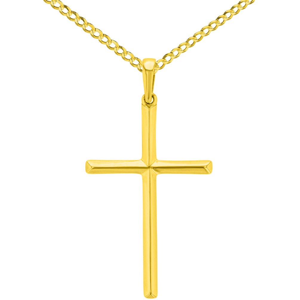 Solid 14K Yellow Gold Slender Plain Cross Charm Pendant Necklace Cuban Chain Necklace with High Polish