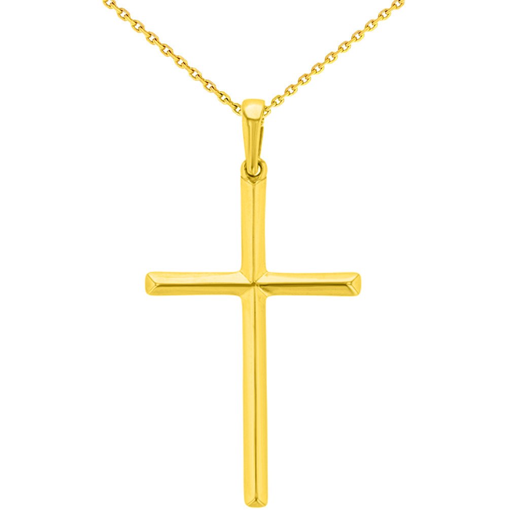 Solid 14K Yellow Gold Plain Cross Charm Pendant Necklace with High Polish