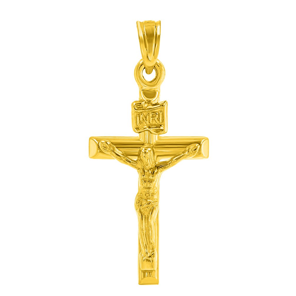 14K Yellow Gold Small INRI Crucifix Cross Pendant