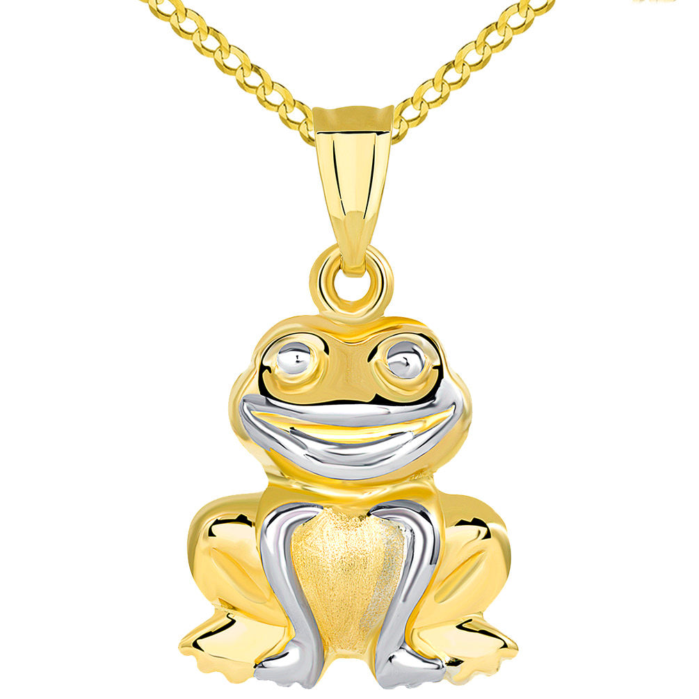 High Polished 14K Yellow Gold Smiling Frog Charm 3D Animal Pendant with Cuban Chain Necklace