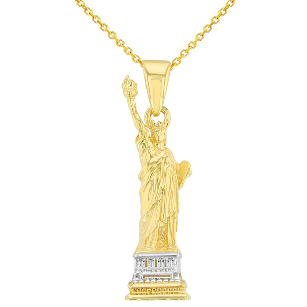 Solid 14K Yellow Gold Statue of Liberty Charm Pendant With Cable, Curb or Figaro Chain Necklace