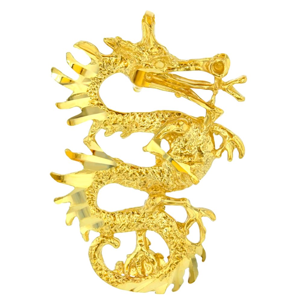 14K Yellow Gold Textured Dragon Charm Pendant