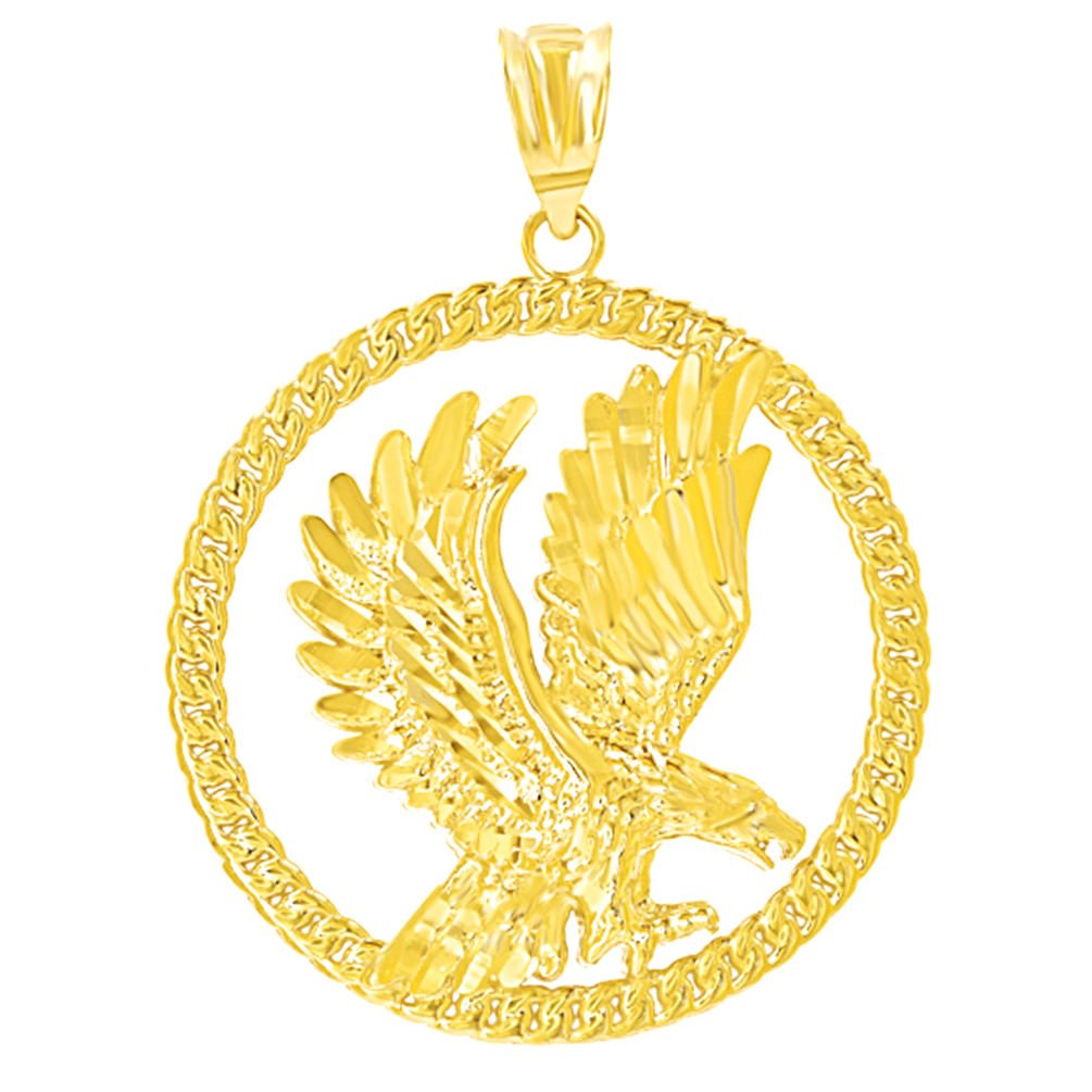 14K Yellow Gold Textured Eagle Charm Round Animal Pendant