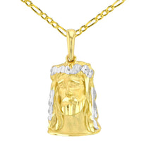Load image into Gallery viewer, 14K Yellow Gold Textured Face of Jesus Christ Pendant with Figaro Chain Necklace
