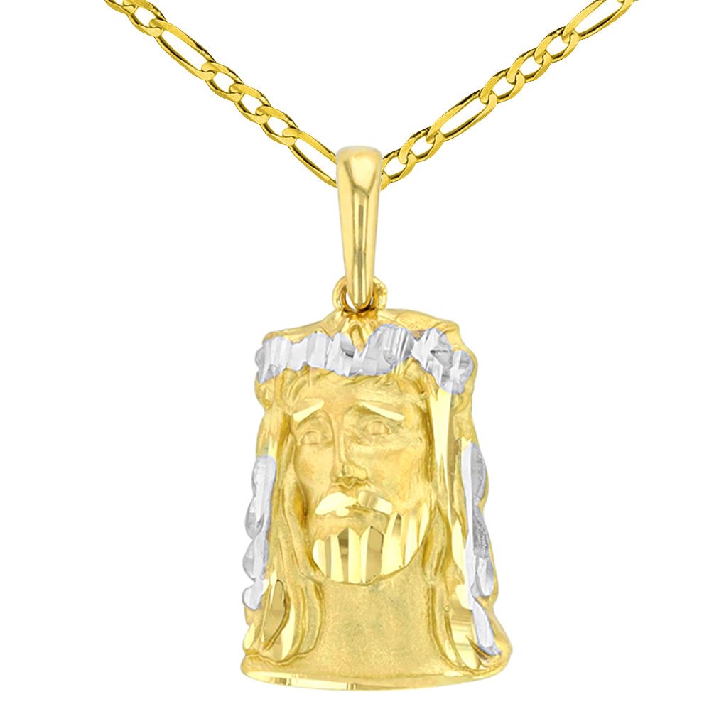 14K Yellow Gold Textured Face of Jesus Christ Pendant with Figaro Chain Necklace