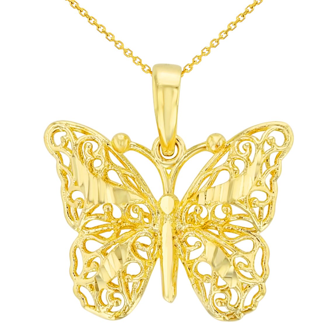14K Yellow Gold Textured Filigree 3D Butterfly Pendant Necklace