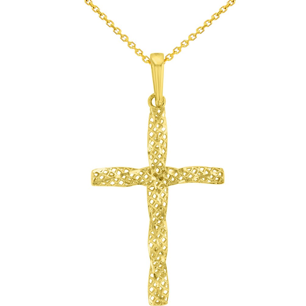 14K Yellow Gold Textured Spiral Tube Cross Pendant Necklace