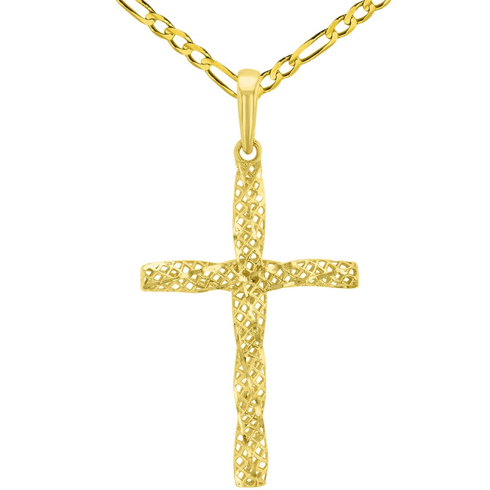 14K Yellow Gold Textured Spiral Tube Cross Pendant with Figaro Chain Necklace